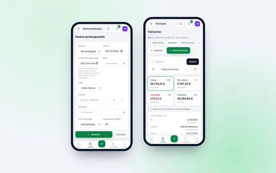 Presupuesto preparado en el móvil y listado de facturas en la app