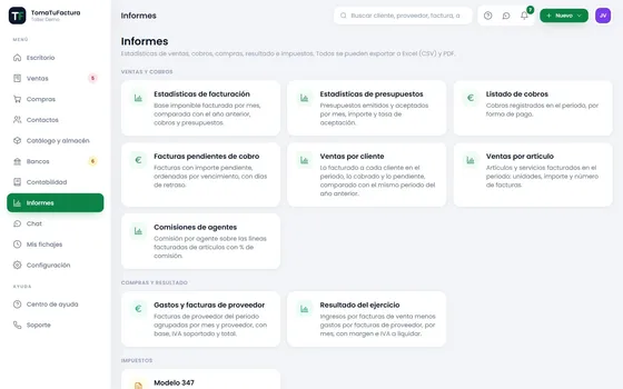 Informes de ventas, cobros, compras y resultado para la asesoría