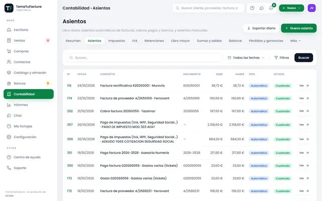 Diario contable con los asientos generados solos desde ventas, compras y banco