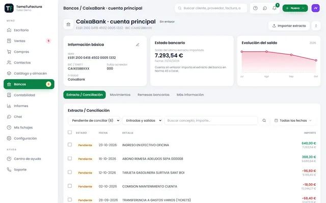 Cuenta bancaria con el extracto, el saldo y los movimientos pendientes de conciliar