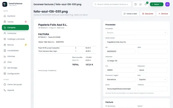 Factura de proveedor leída con IA desde el PDF, con los datos propuestos para revisar