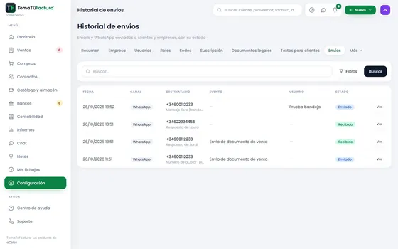Historial de envíos por email y WhatsApp con el estado de cada uno
