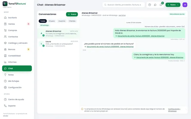 Conversación de WhatsApp con un cliente dentro del chat, con la factura enviada y sus respuestas