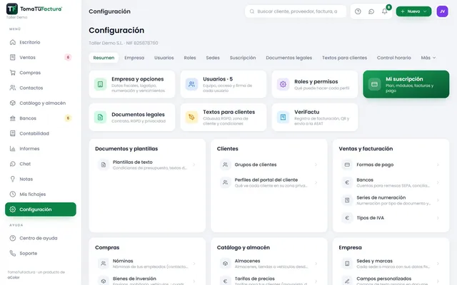 Configuración de TomaTuFactura con todas las áreas del programa