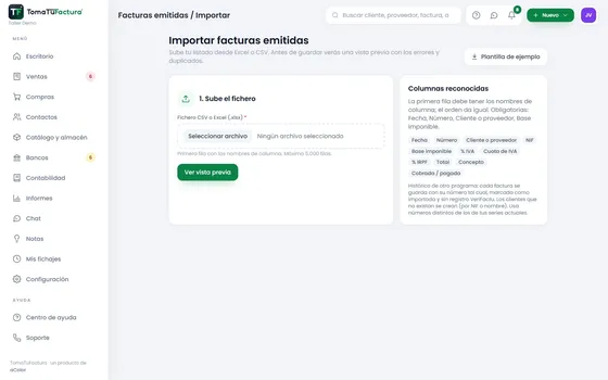 Importación de facturas emitidas desde Excel o CSV