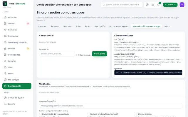 Sincronización con otras apps: claves de la API, webhooks y conexión MCP