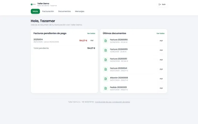 Zona privada del cliente con sus facturas pendientes y sus documentos