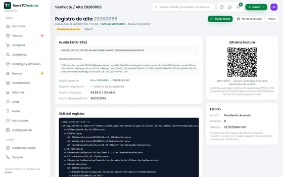 Registro VeriFactu de una factura con su huella, la huella anterior y el XML