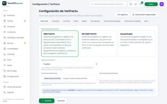 Configuración de VeriFactu con la modalidad, el certificado y la declaración responsable