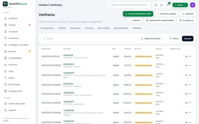 Registros VeriFactu de las facturas con su huella encadenada y el estado del envío