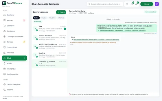 Conversación de WhatsApp en el chat con el estado de cada mensaje y la baja que pidió el cliente al responder BAJA