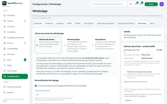 Configuración de WhatsApp: número de aColor, número propio o enlaces, recordatorios de cobro y mensajes del mes
