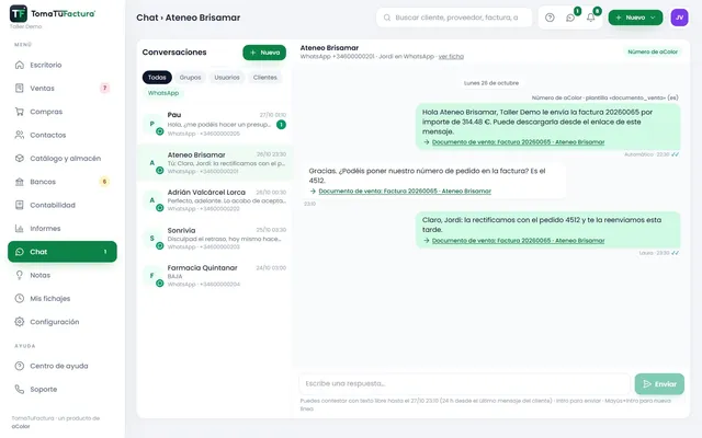 Chat de TomaTuFactura con una conversación de WhatsApp: factura enviada, pregunta del cliente y respuesta